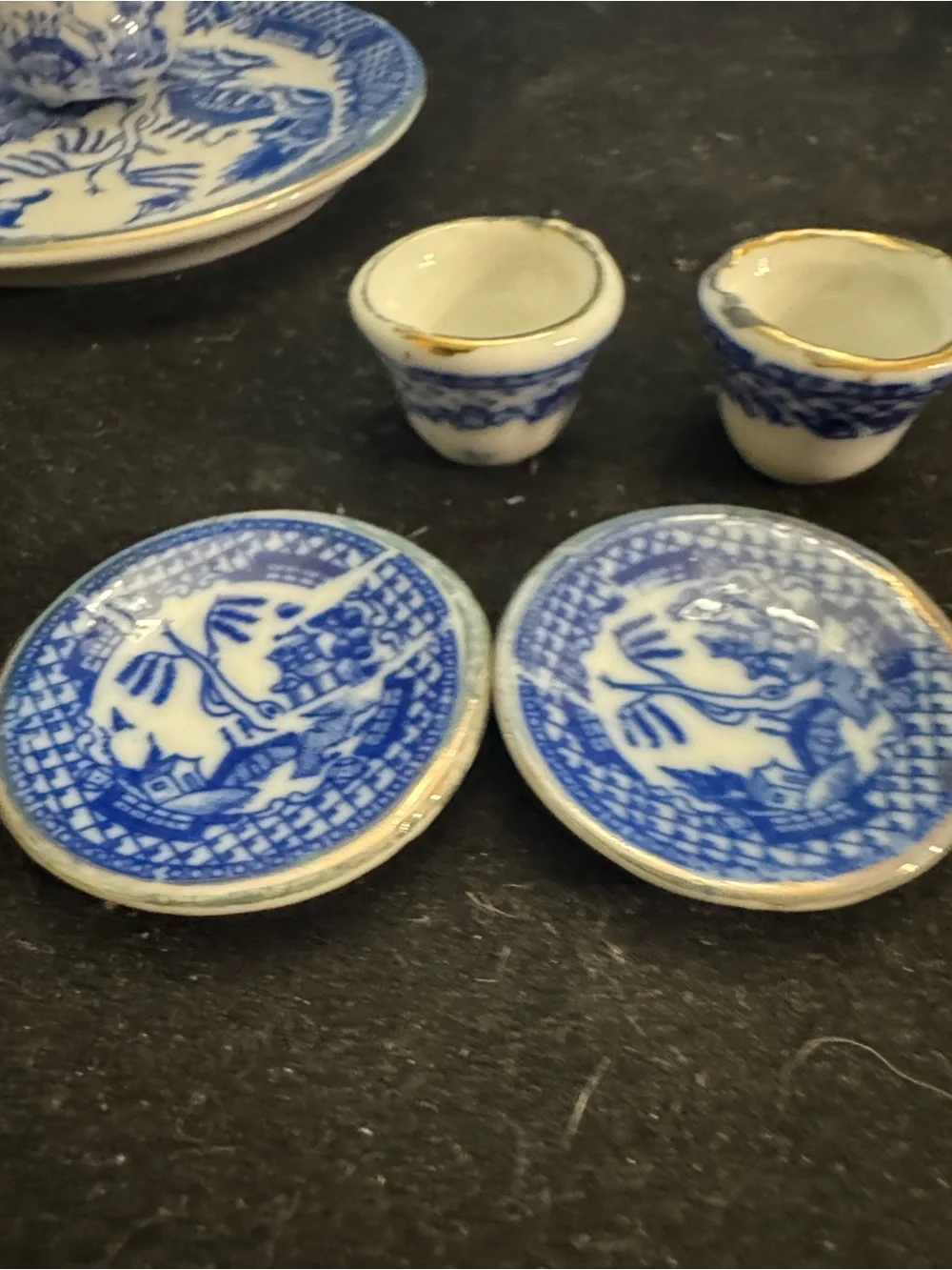 10pc Lot Miniature Mini Blue/White Gilded Porcelain TEA SET Teapot Sugar Creamer